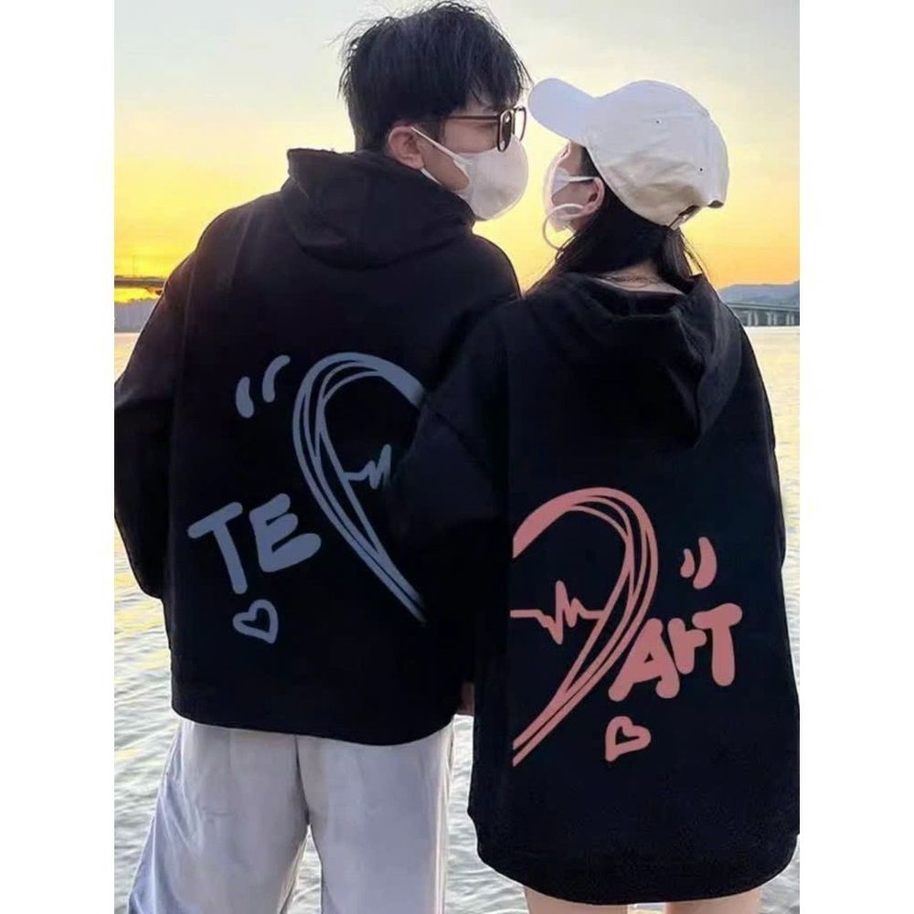 Áo hoodie nỉ bông in hình trái tim Te-Art xanh hồng cho các cặp đôi form unisex rộng đẹp