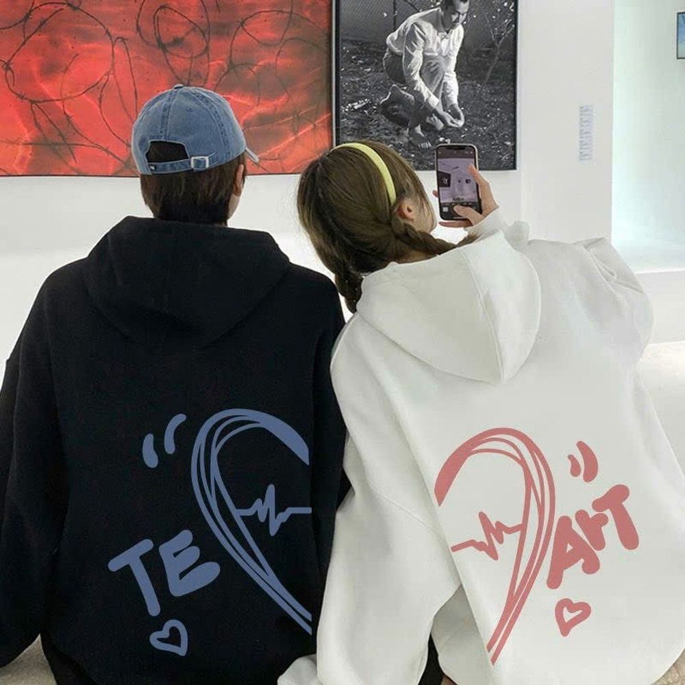 Áo hoodie nỉ bông in hình trái tim Te-Art xanh hồng cho các cặp đôi form unisex rộng đẹp