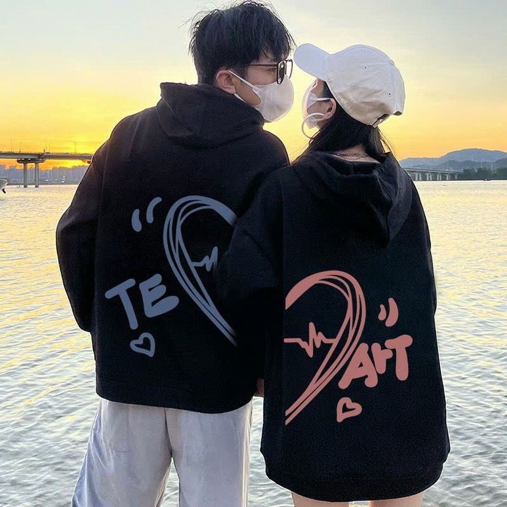 Áo hoodie nỉ bông in hình trái tim Te-Art xanh hồng cho các cặp đôi form unisex rộng đẹp
