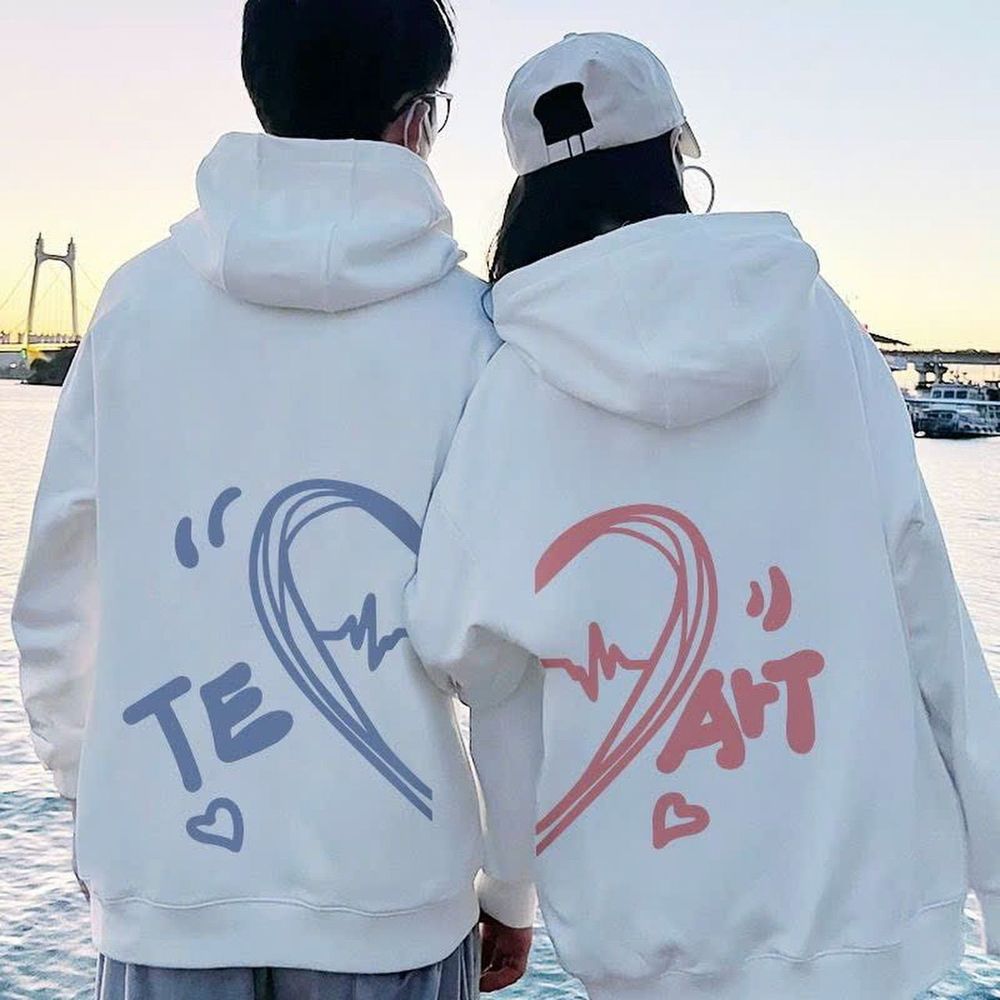 Áo hoodie nỉ bông in hình trái tim Te-Art xanh hồng cho các cặp đôi form unisex rộng đẹp