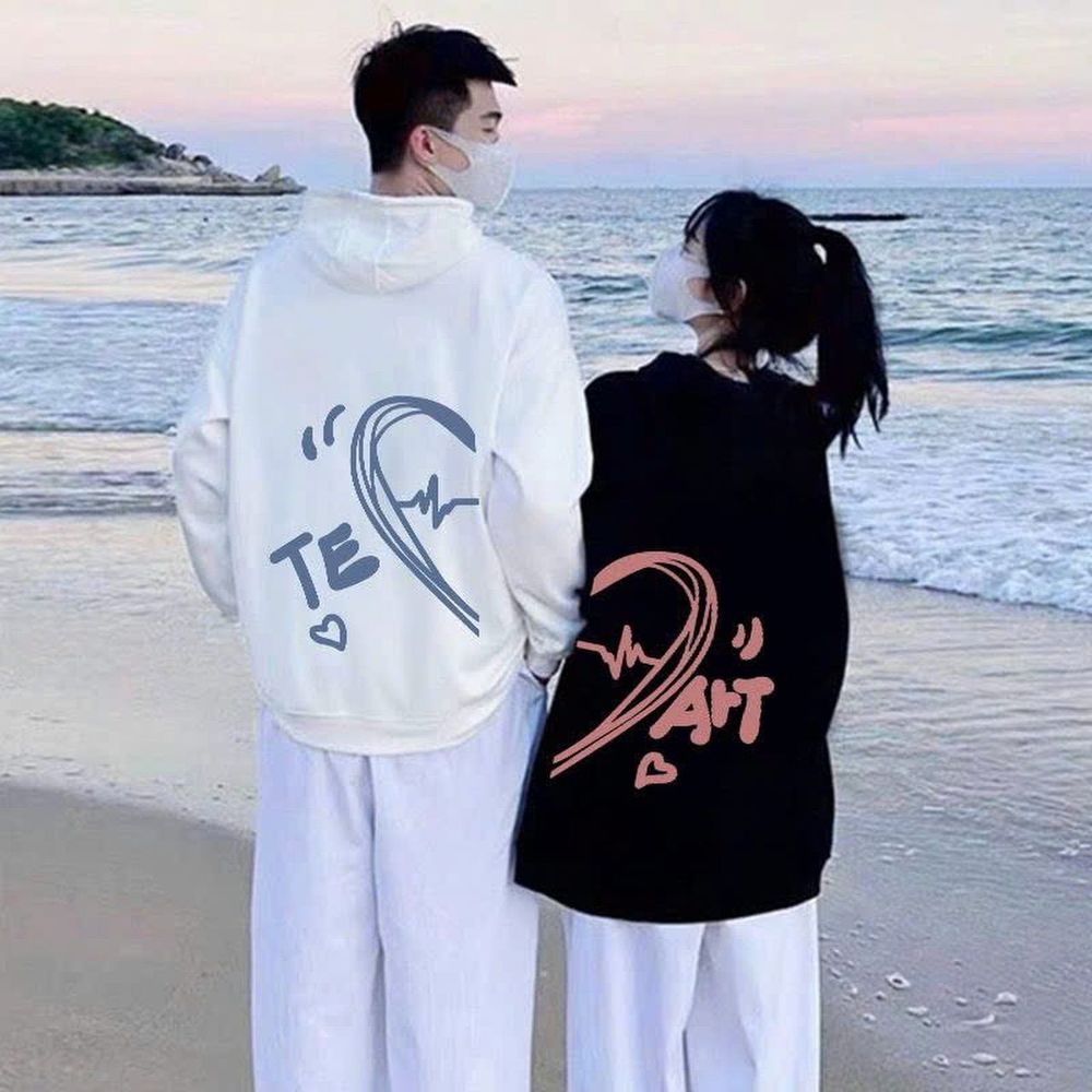 Áo hoodie nỉ bông in hình trái tim Te-Art xanh hồng cho các cặp đôi form unisex rộng đẹp