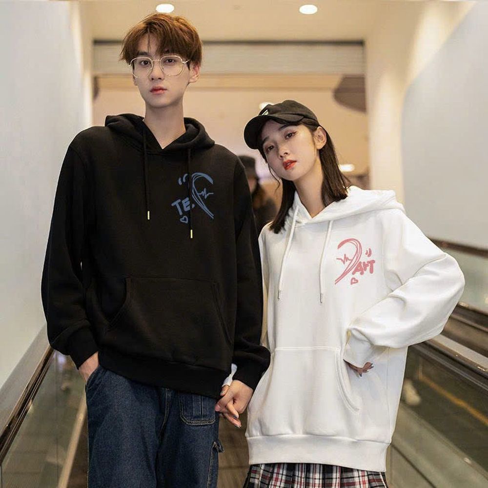 Áo hoodie nỉ bông in hình trái tim Te-Art xanh hồng cho các cặp đôi form unisex rộng đẹp