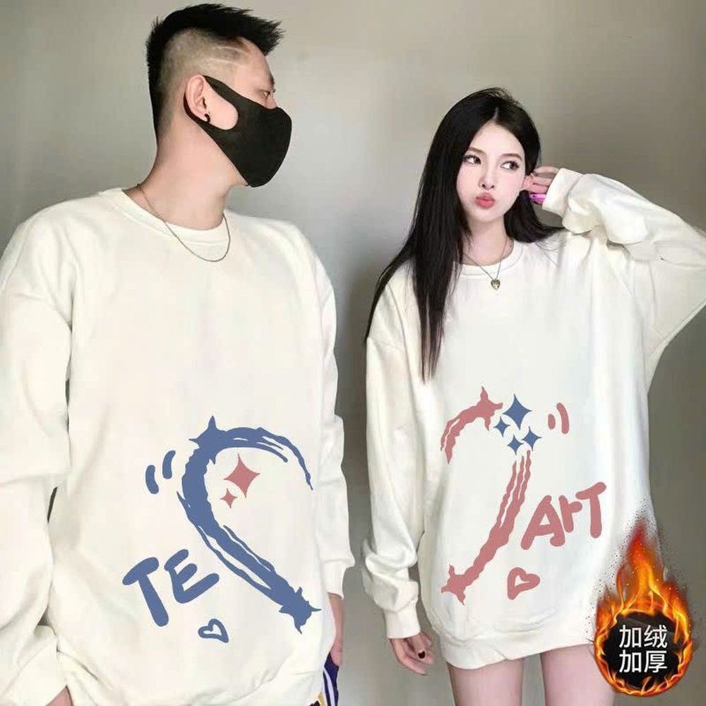 ￼Áo Sweater Đôi Nam Nữ In Hình Nửa Trái Tim TE ART Form Rộng Cao Cấp