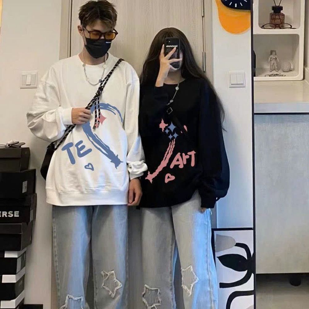 ￼Áo Sweater Đôi Nam Nữ In Hình Nửa Trái Tim TE ART Form Rộng Cao Cấp