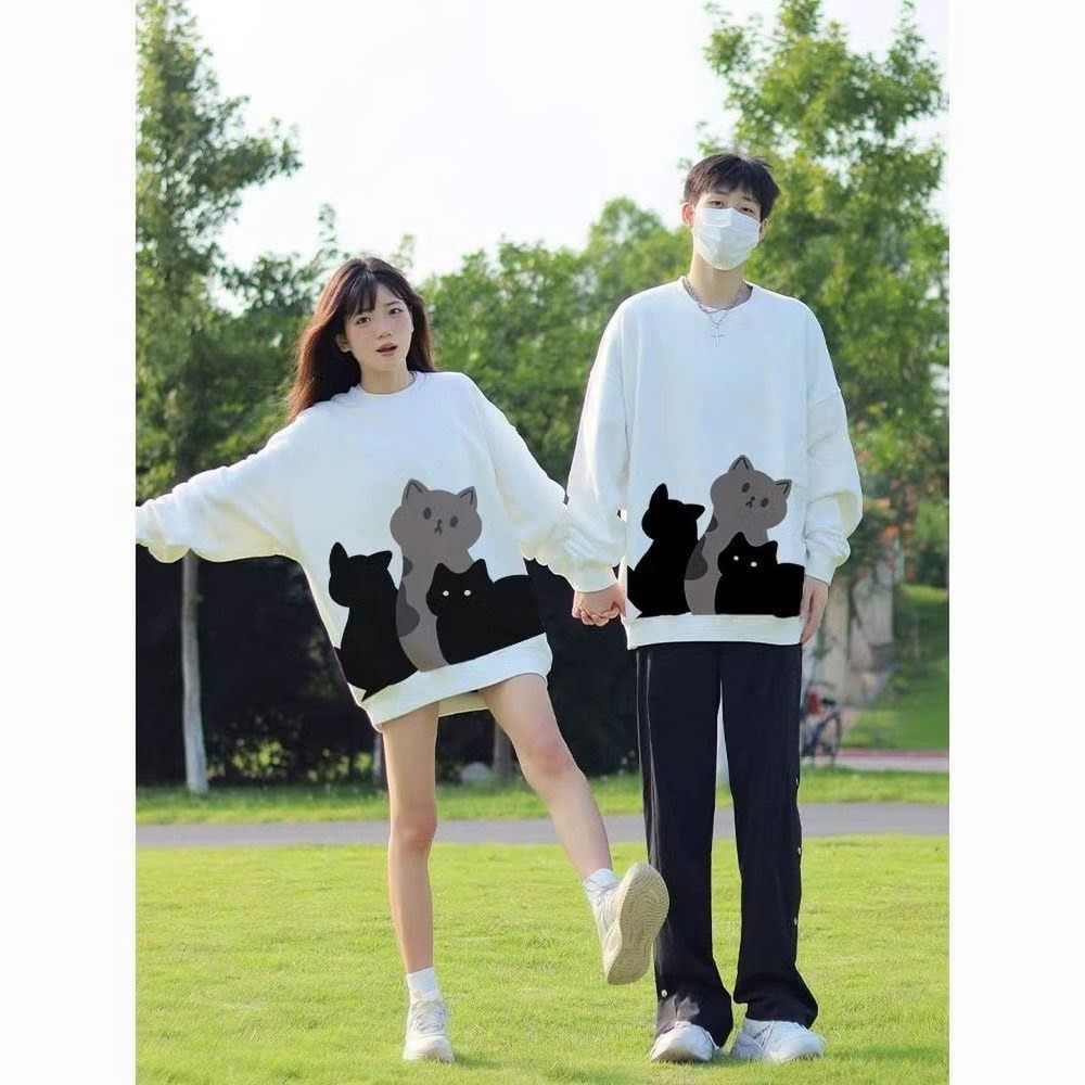 ￼Áo Sweater Nam Nữ In Hình Mèo Form Rộng Cổ Tròn Áo Couple Làm Quà Tặng