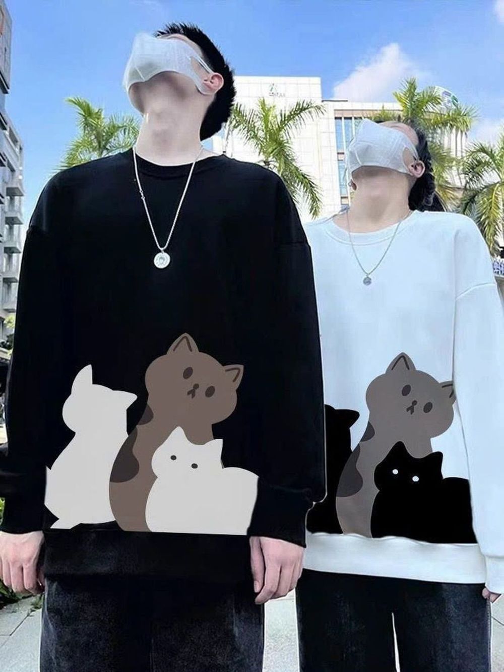 ￼Áo Sweater Nam Nữ In Hình Mèo Form Rộng Cổ Tròn Áo Couple Làm Quà Tặng