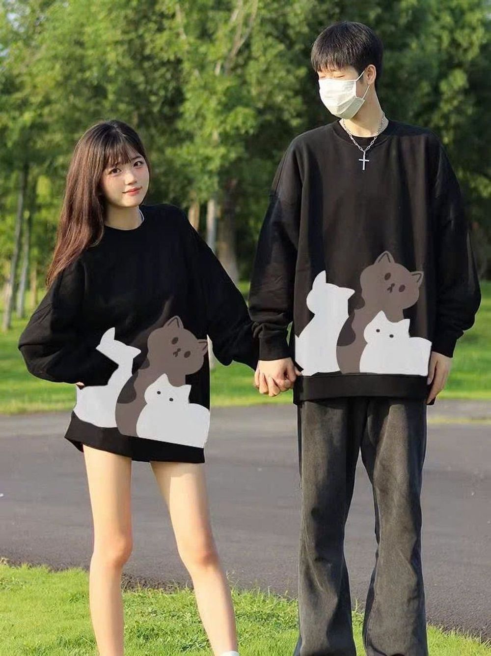 ￼Áo Sweater Nam Nữ In Hình Mèo Form Rộng Cổ Tròn Áo Couple Làm Quà Tặng