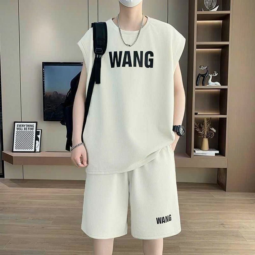 Bộ Đồ Mùa Hè Nam Không Tay Phong Cách Hồng Kông Rộng Thun Lạnh In Pet Không Bong Tróc Băng Bộ Đồ Thể Thao Bộ Đồ Hai Mảnh