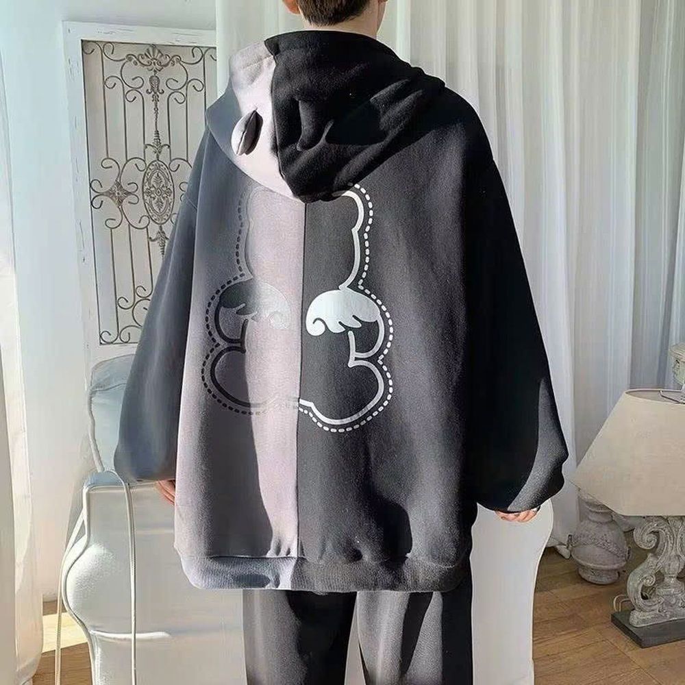 Áo khoác unisex Thun Nỉ phối 2 màu logo in gấu MANYSTON tay phòng có sừng nón