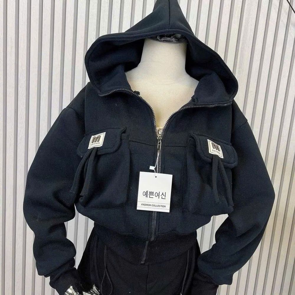 Áo khoác dáng lửng croptop có nón chất nỉ dệt XK dày túi nắp logo M