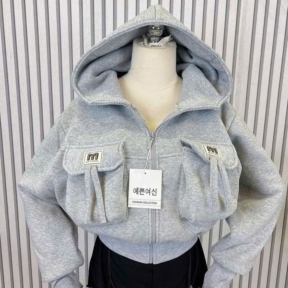 Áo khoác dáng lửng croptop có nón chất nỉ dệt XK dày túi nắp logo M