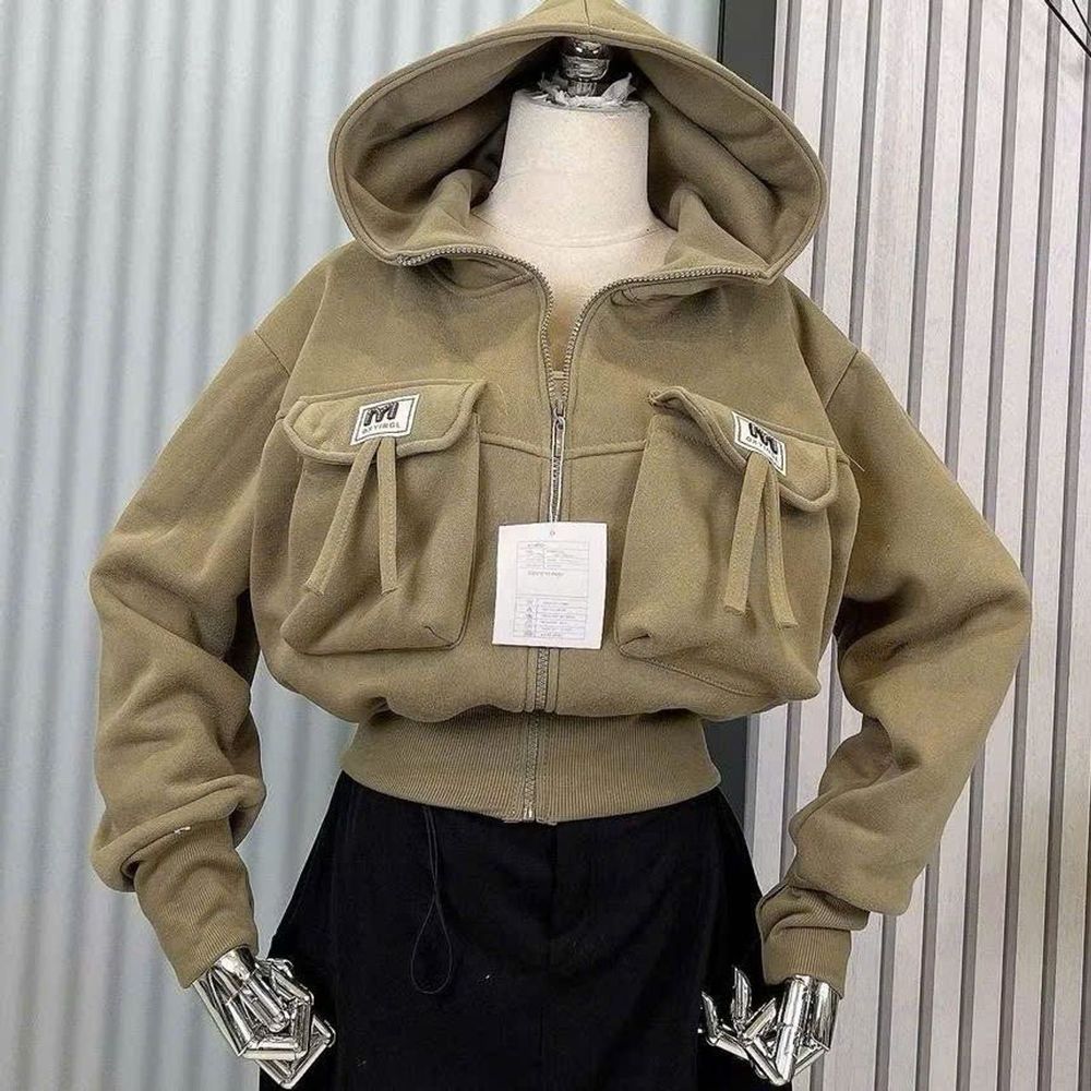 Áo khoác dáng lửng croptop có nón chất nỉ dệt XK dày túi nắp logo M