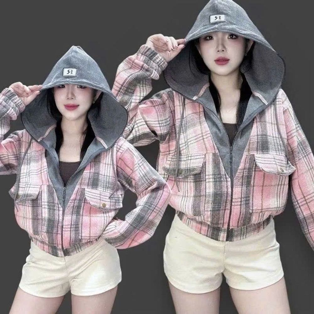 Áo Khoác Sơ Mi Dạ Caro Flannel Phối Nón Thun Gân, Tay Dài, Form Rộng Năng Động, Trẻ Trung