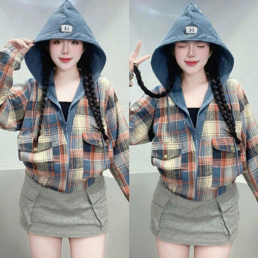 Áo Khoác Sơ Mi Dạ Caro Flannel Phối Nón Thun Gân, Tay Dài, Form Rộng Năng Động, Trẻ Trung