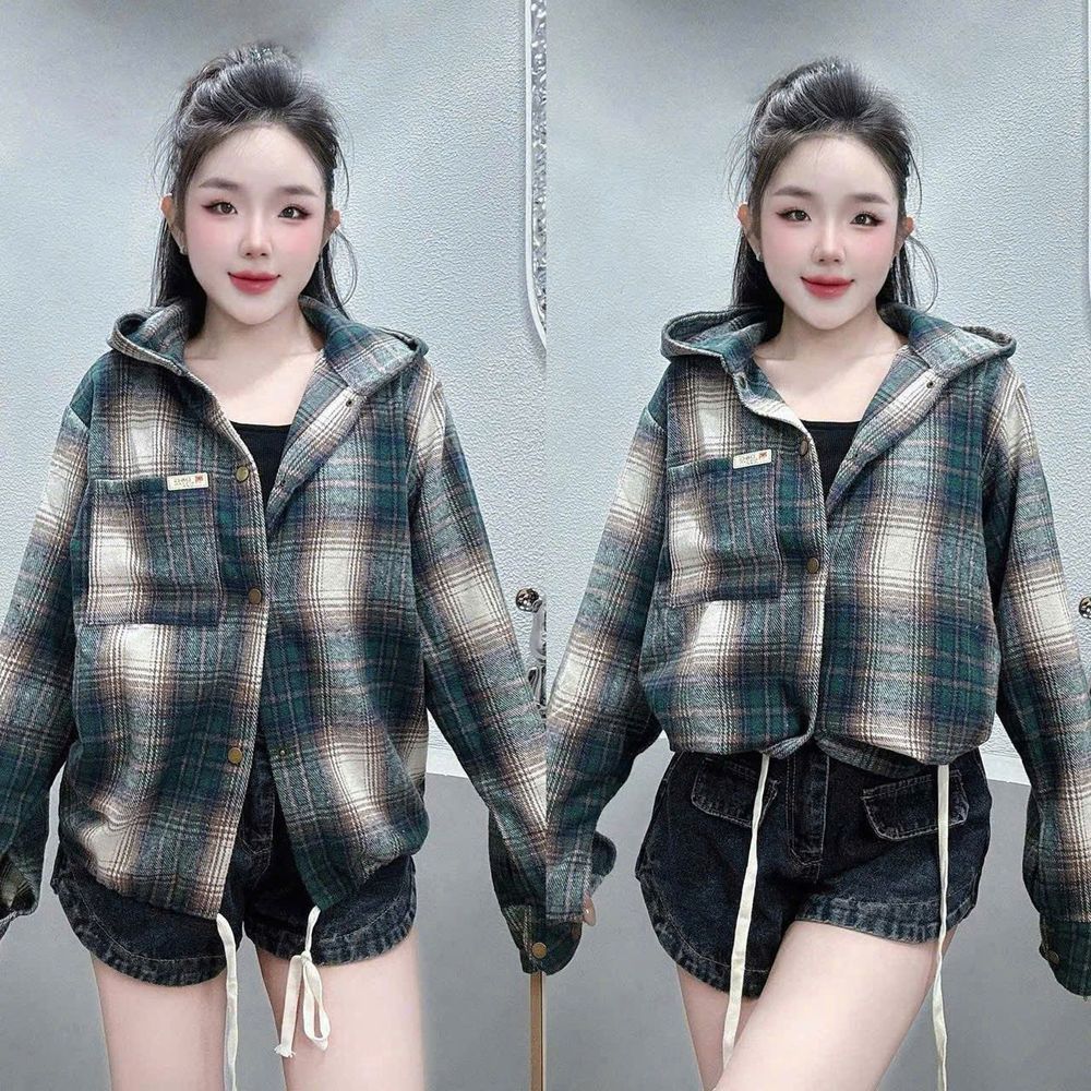Sơ Mi Có Nón Kẻ Caro Chất Nỉ Dạ Mềm, Một Túi Lai Dây Rút