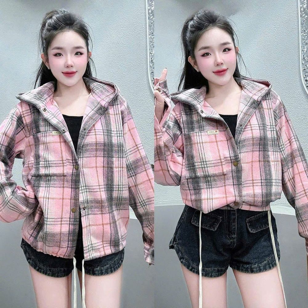 Sơ Mi Có Nón Kẻ Caro Chất Nỉ Dạ Mềm, Một Túi Lai Dây Rút