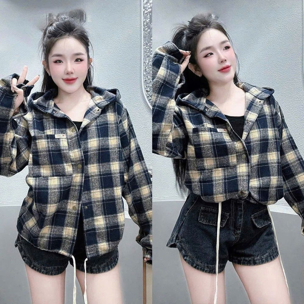 Sơ Mi Có Nón Kẻ Caro Chất Nỉ Dạ Mềm, Một Túi Lai Dây Rút