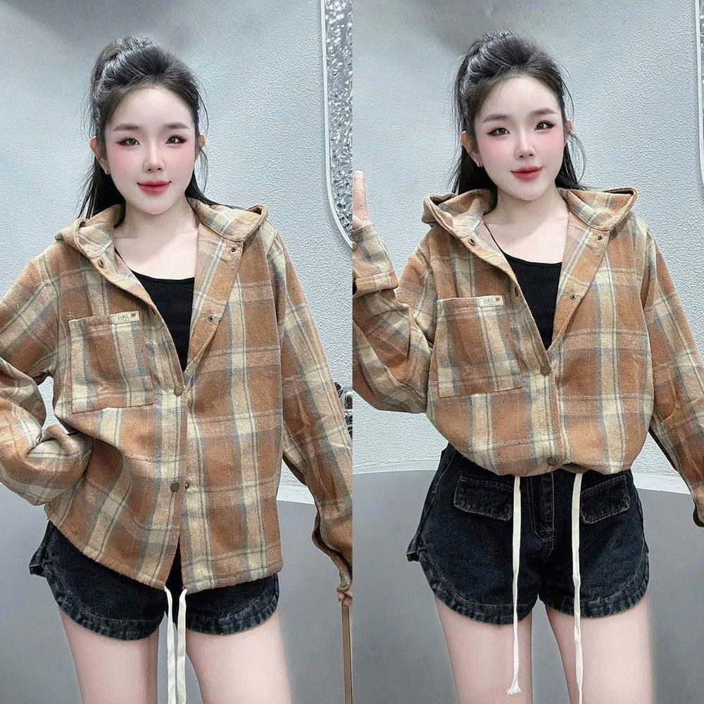 Sơ Mi Có Nón Kẻ Caro Chất Nỉ Dạ Mềm, Một Túi Lai Dây Rút