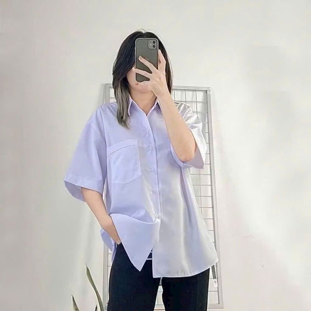 Áo Sơ Mi Học Sinh Tay Lỡ Một Túi Form Rộng Nam Nữ - Chất Kate Mềm, 2 Size L & XL
