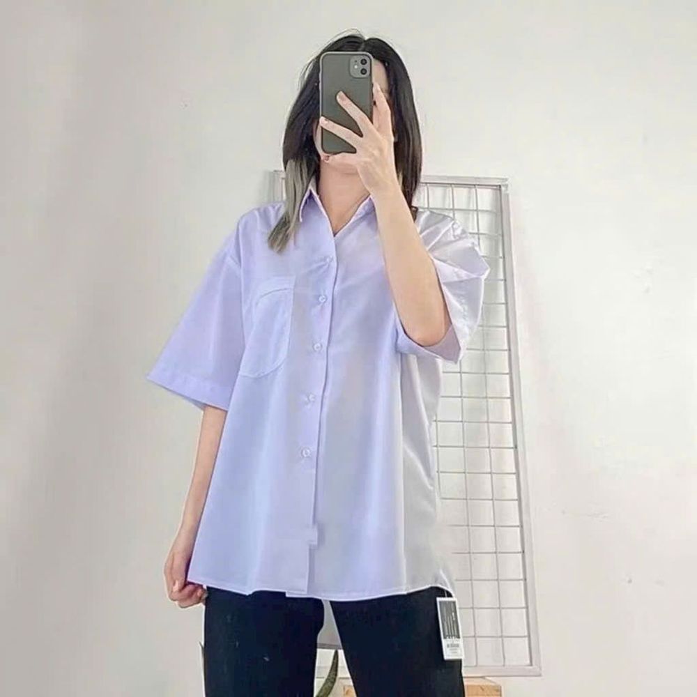 Áo Sơ Mi Học Sinh Tay Lỡ Một Túi Form Rộng Nam Nữ - Chất Kate Mềm, 2 Size L & XL