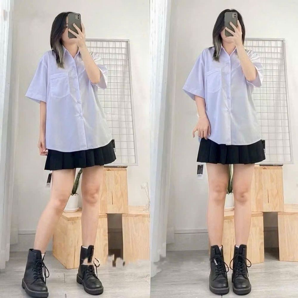 Áo Sơ Mi Học Sinh Tay Lỡ Một Túi Form Rộng Nam Nữ - Chất Kate Mềm, 2 Size L & XL