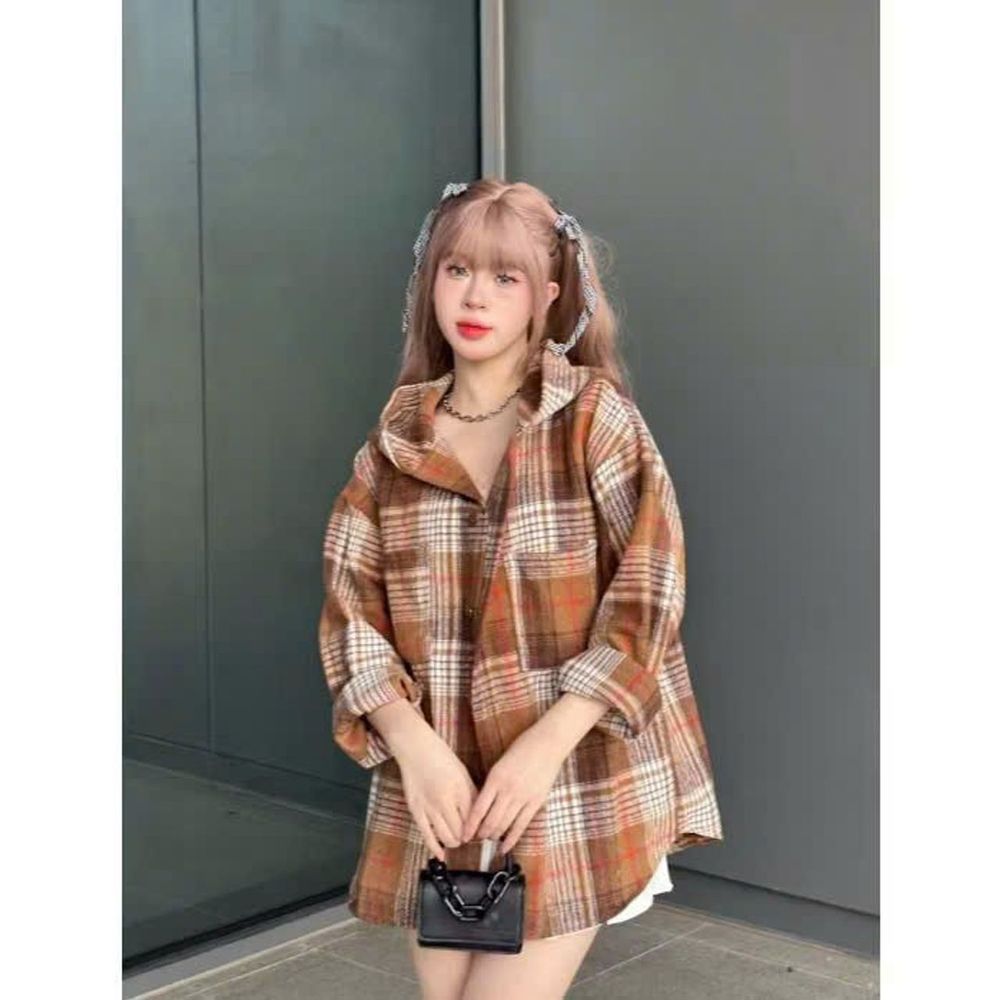 Áo Sơ Mi Dài Tay Flannel Dày Mịn Họa Tiết Kẻ Caro Có Mũ Form Nam Nữ Unisex