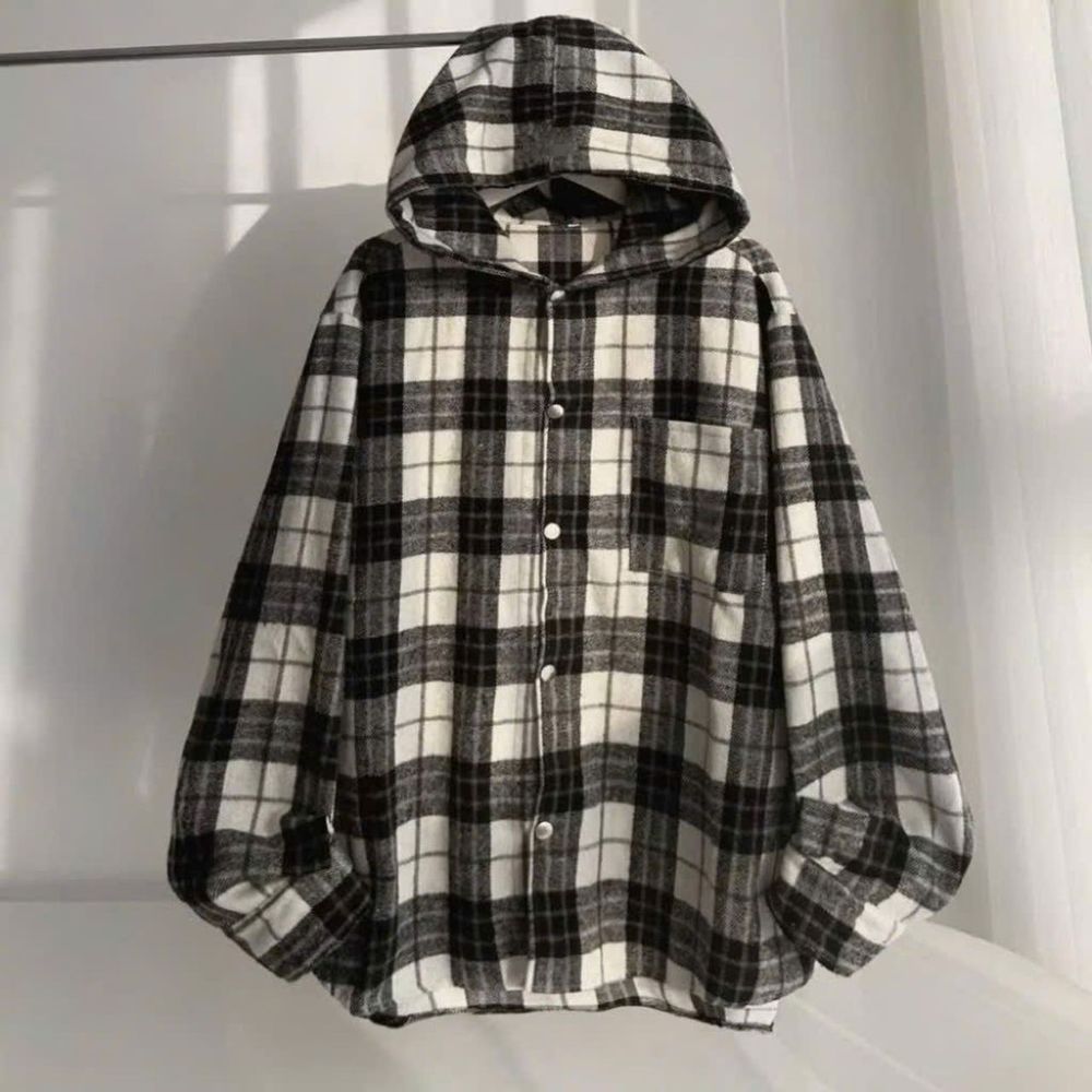 Áo Sơ Mi Dài Tay Flannel Dày Mịn Họa Tiết Kẻ Caro Có Mũ Form Nam Nữ Unisex