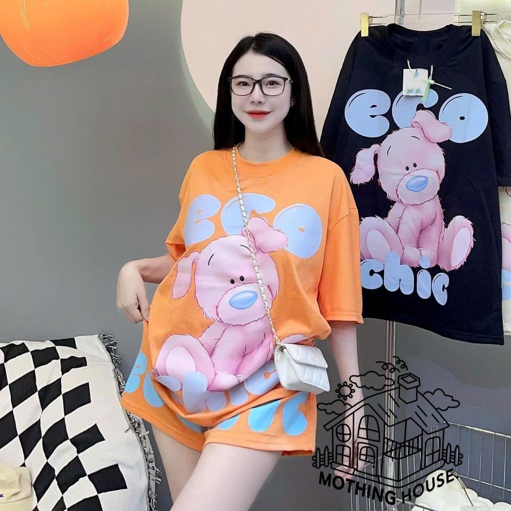 Đồ Bộ Nữ Tay Lỡ GẤU ECO Chất Thun Cotton Form Rộng Dưới 65kg