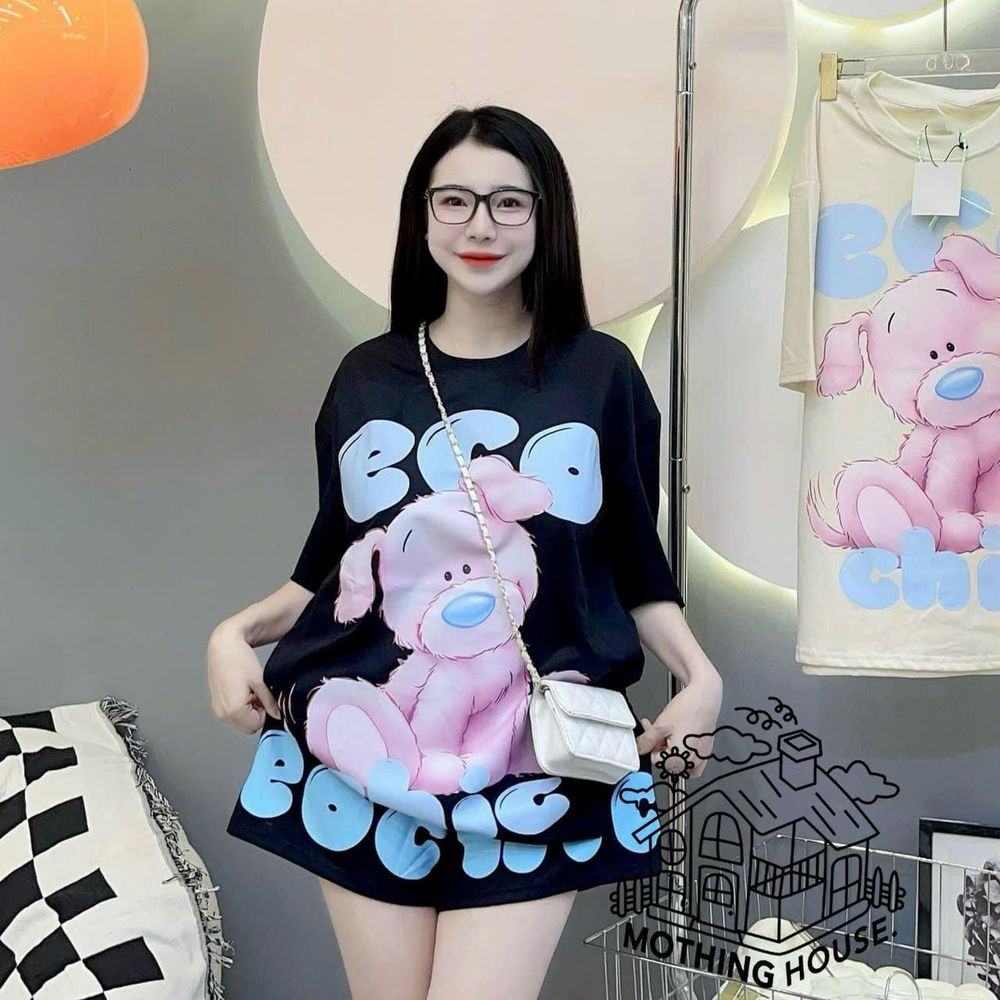 Đồ Bộ Nữ Tay Lỡ GẤU ECO Chất Thun Cotton Form Rộng Dưới 65kg