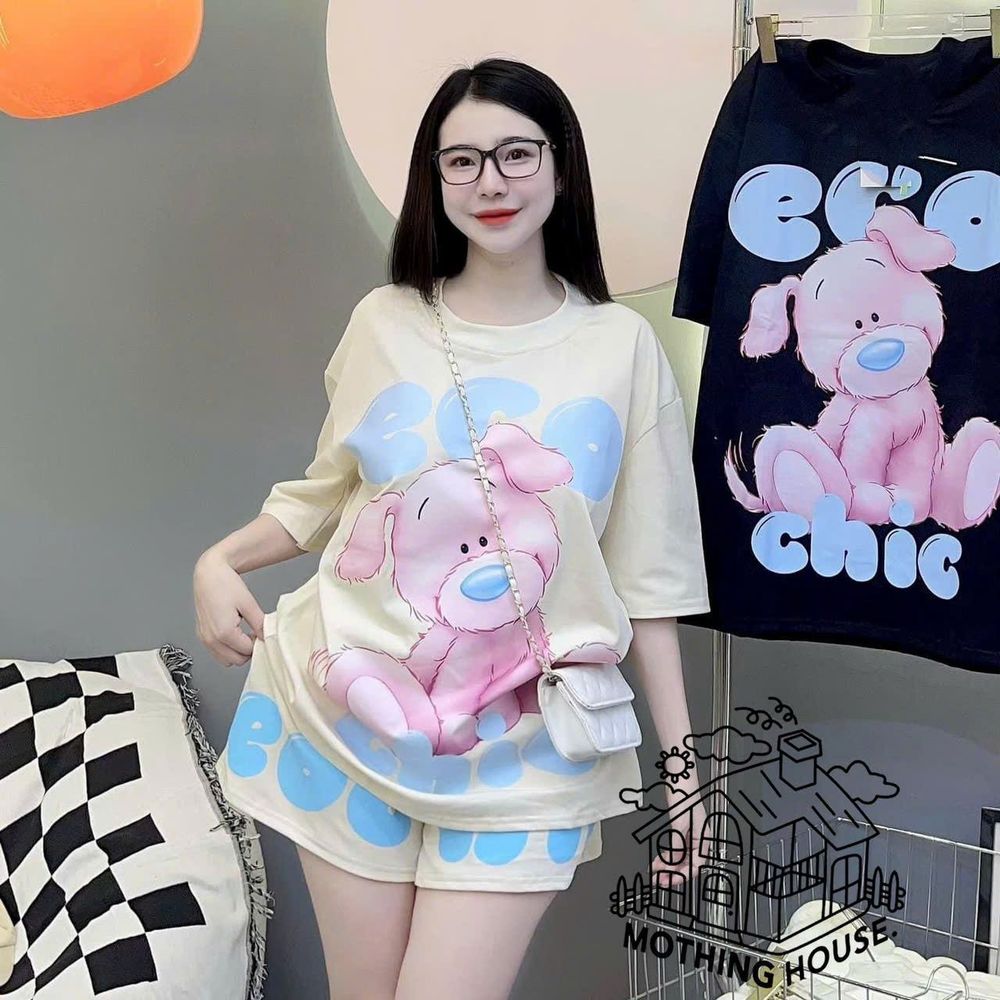 Đồ Bộ Nữ Tay Lỡ GẤU ECO Chất Thun Cotton Form Rộng Dưới 65kg