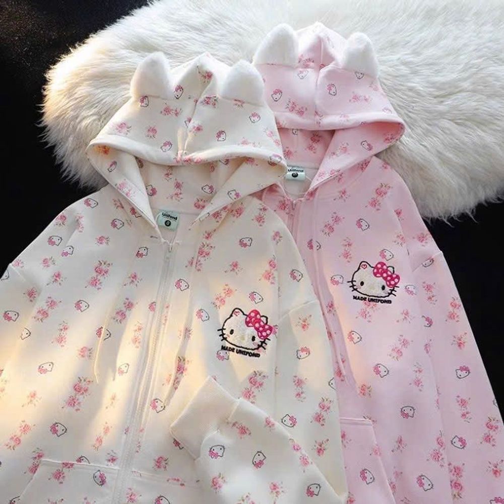 Áo Khoác Nỉ Bông In 3D Họa Tiết Kitty Nón Tai Mèo Đáng Yêu Freesize Dưới 68kg