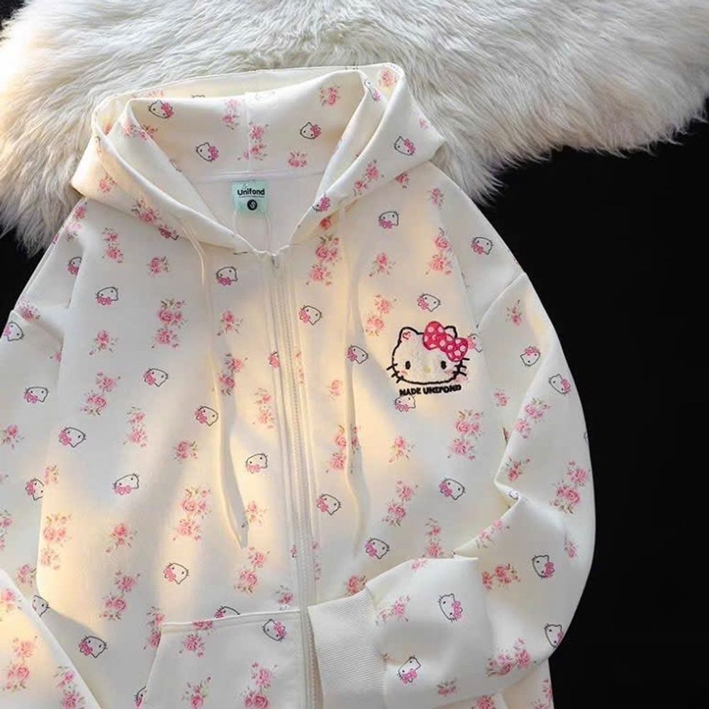 Áo Khoác Nỉ Bông In 3D Họa Tiết Kitty Nón Tai Mèo Đáng Yêu Freesize Dưới 68kg
