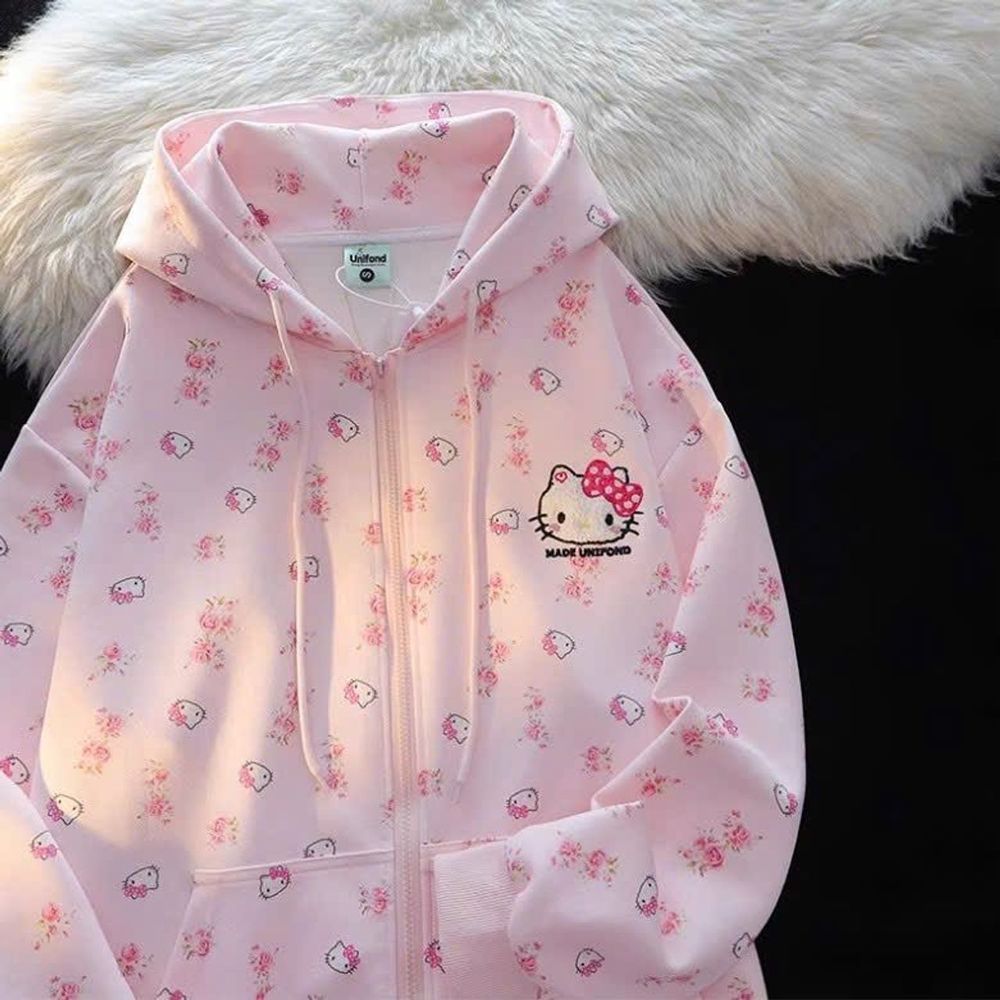 Áo Khoác Nỉ Bông In 3D Họa Tiết Kitty Nón Tai Mèo Đáng Yêu Freesize Dưới 68kg