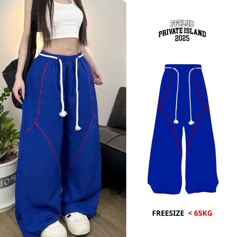 Quần Dù Ống Suông Rộng Nam Nữ Lưng Thun Dây Luồng Viền Chỉ Nổi Streetwear Thời Trang