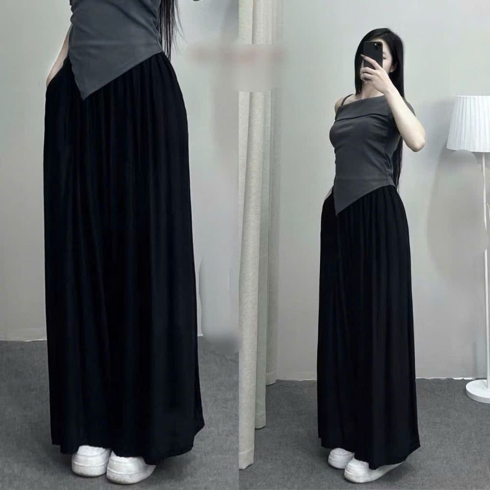 Quần Dài Ống Rộng Giả Váy Dáng Maxi, Chất Vải Đũi Gân Sóng Mềm Mát