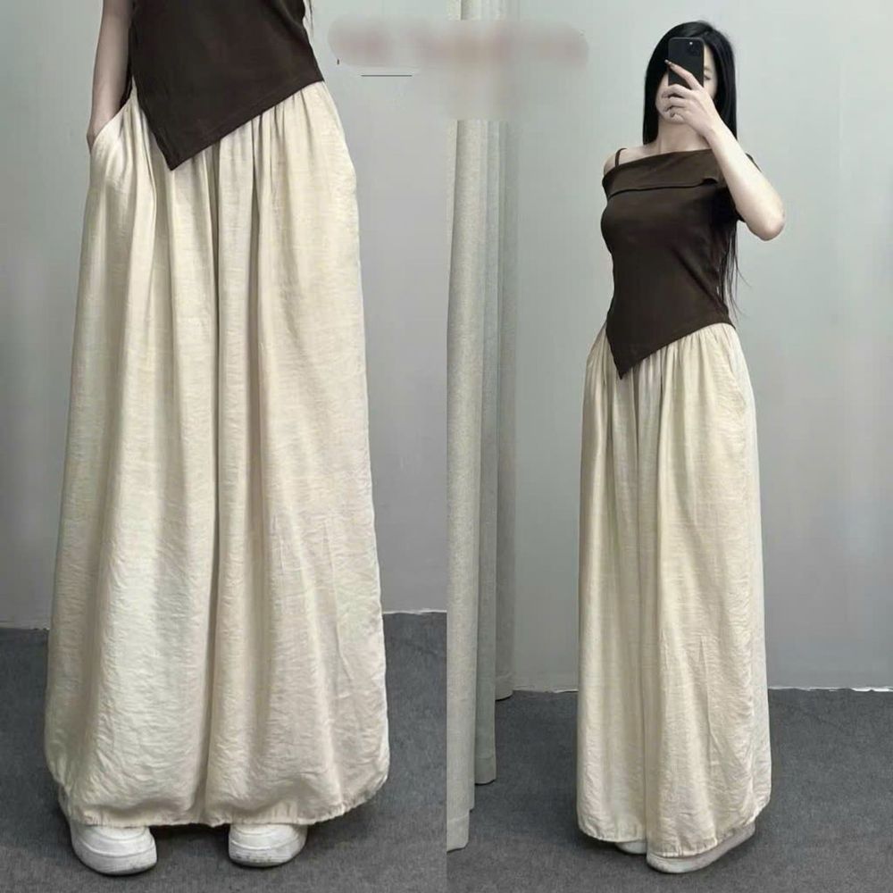 Quần Dài Ống Rộng Giả Váy Dáng Maxi, Chất Vải Đũi Gân Sóng Mềm Mát