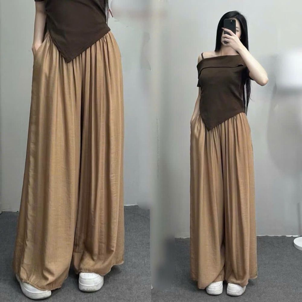 Quần Dài Ống Rộng Giả Váy Dáng Maxi, Chất Vải Đũi Gân Sóng Mềm Mát
