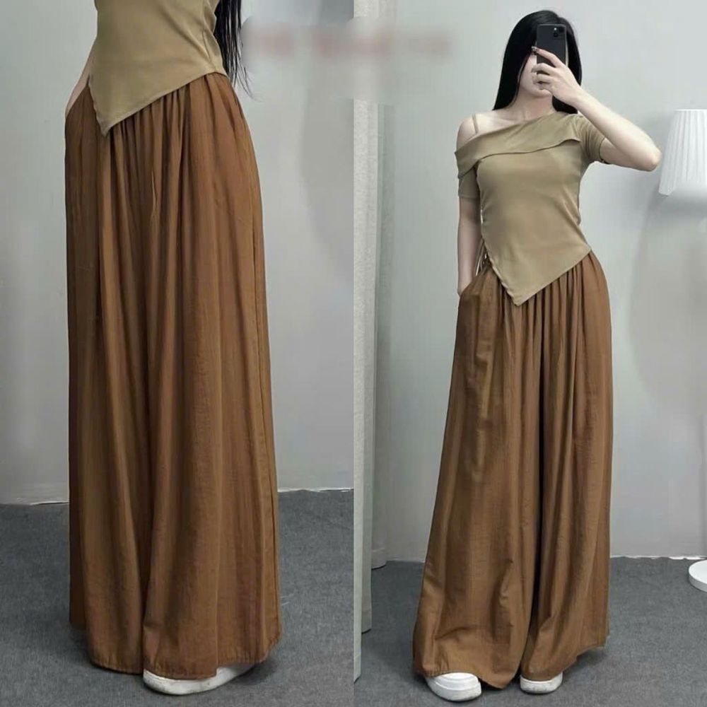 Quần Dài Ống Rộng Giả Váy Dáng Maxi, Chất Vải Đũi Gân Sóng Mềm Mát