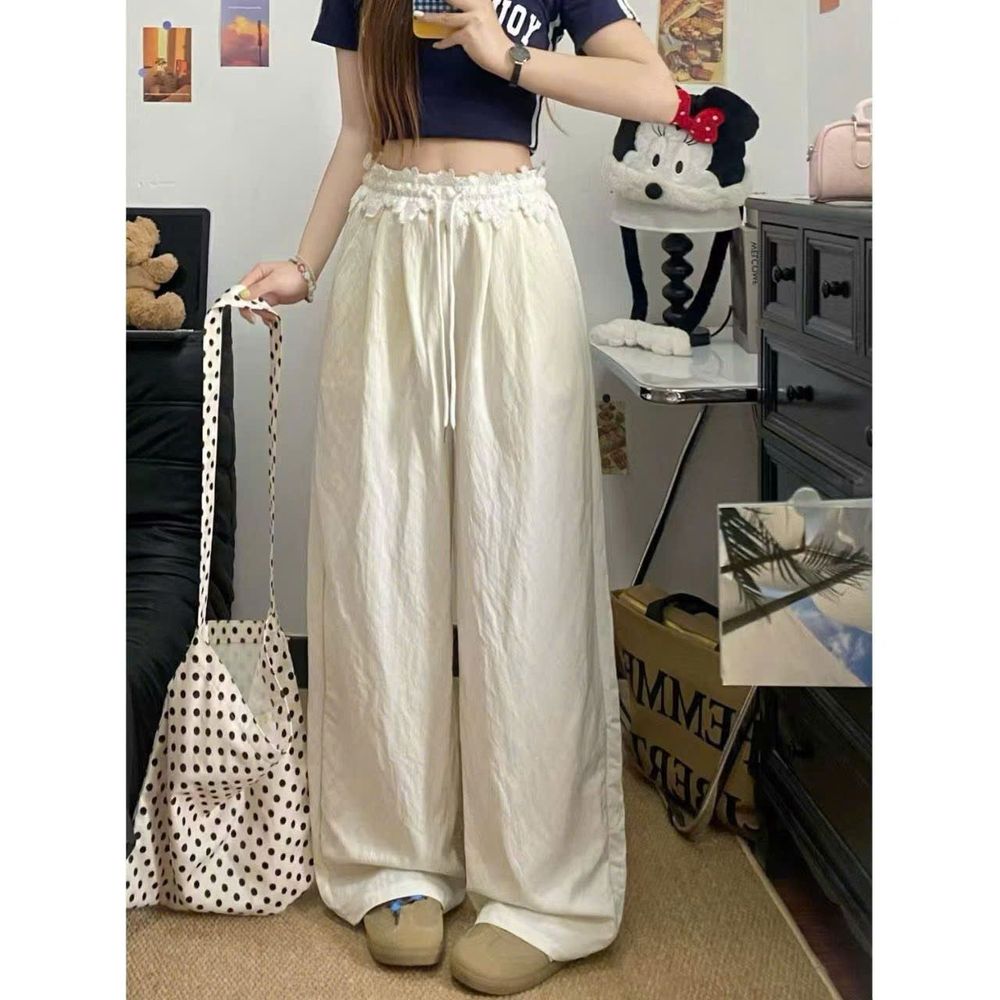 Quần Ống Rộng Trơn Phối Lưng Ren Chất Dù Nhăn Mịn Mát Freesize Dưới 63kg