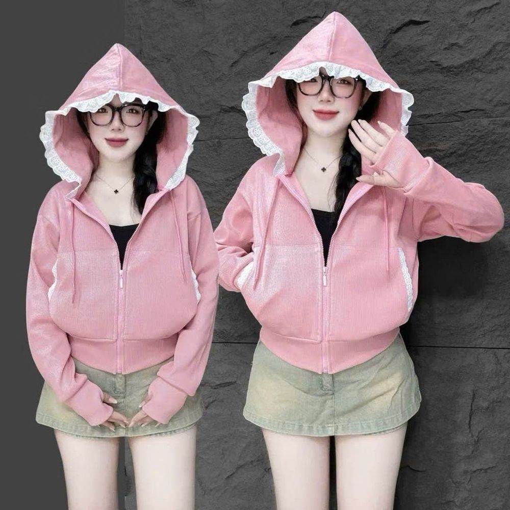 Áo khoác nữ viền ren mũ