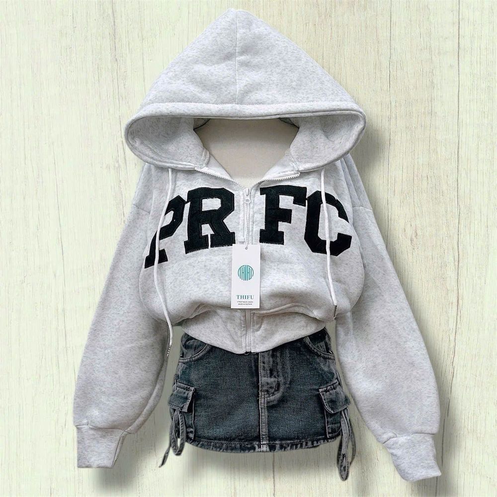 Áo khoác nữ lửng PRFC vải nỉ dày mịn nón rộng