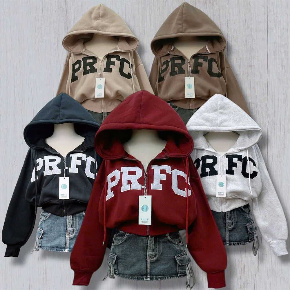 Áo khoác nữ lửng PRFC vải nỉ dày mịn nón rộng