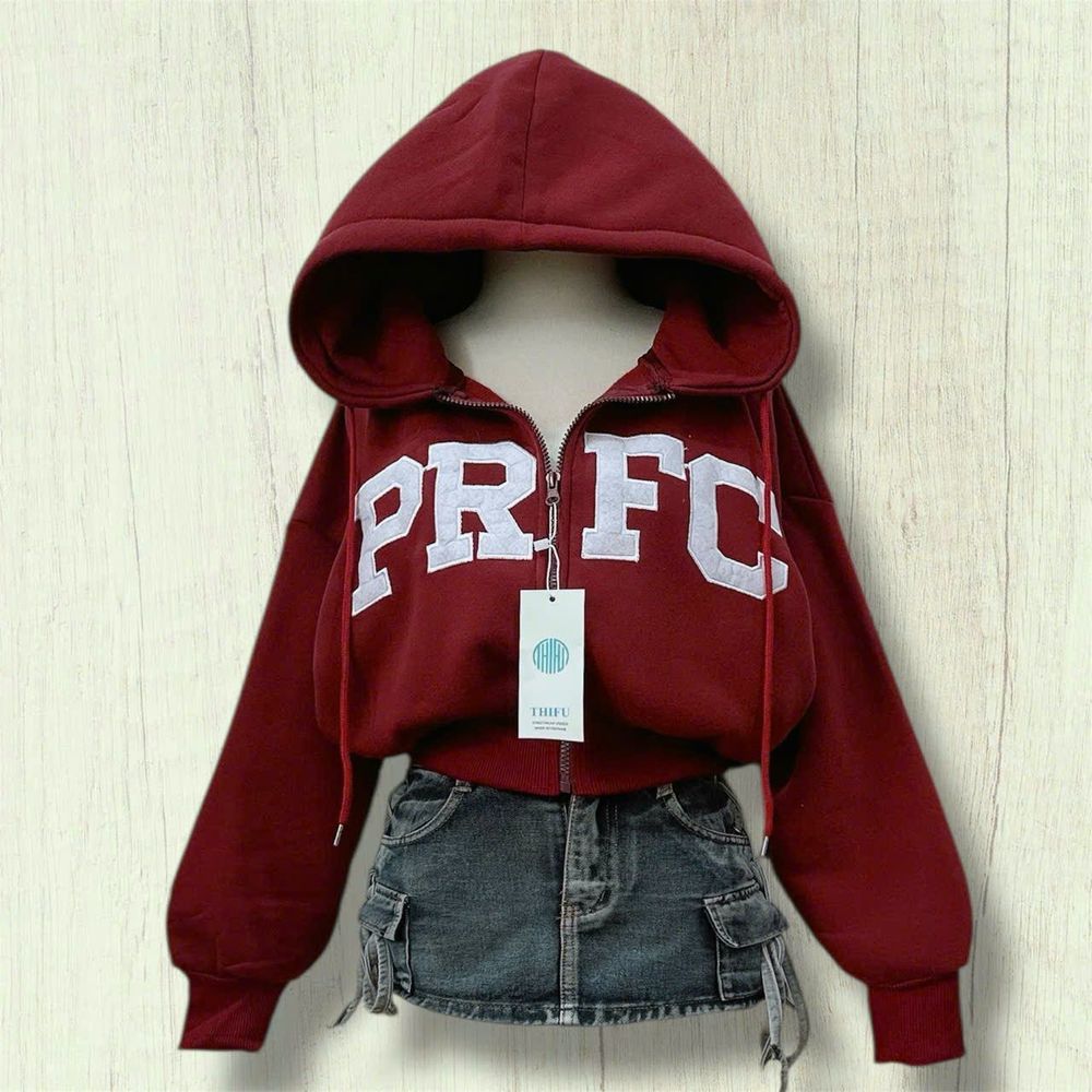 Áo khoác nữ lửng PRFC vải nỉ dày mịn nón rộng