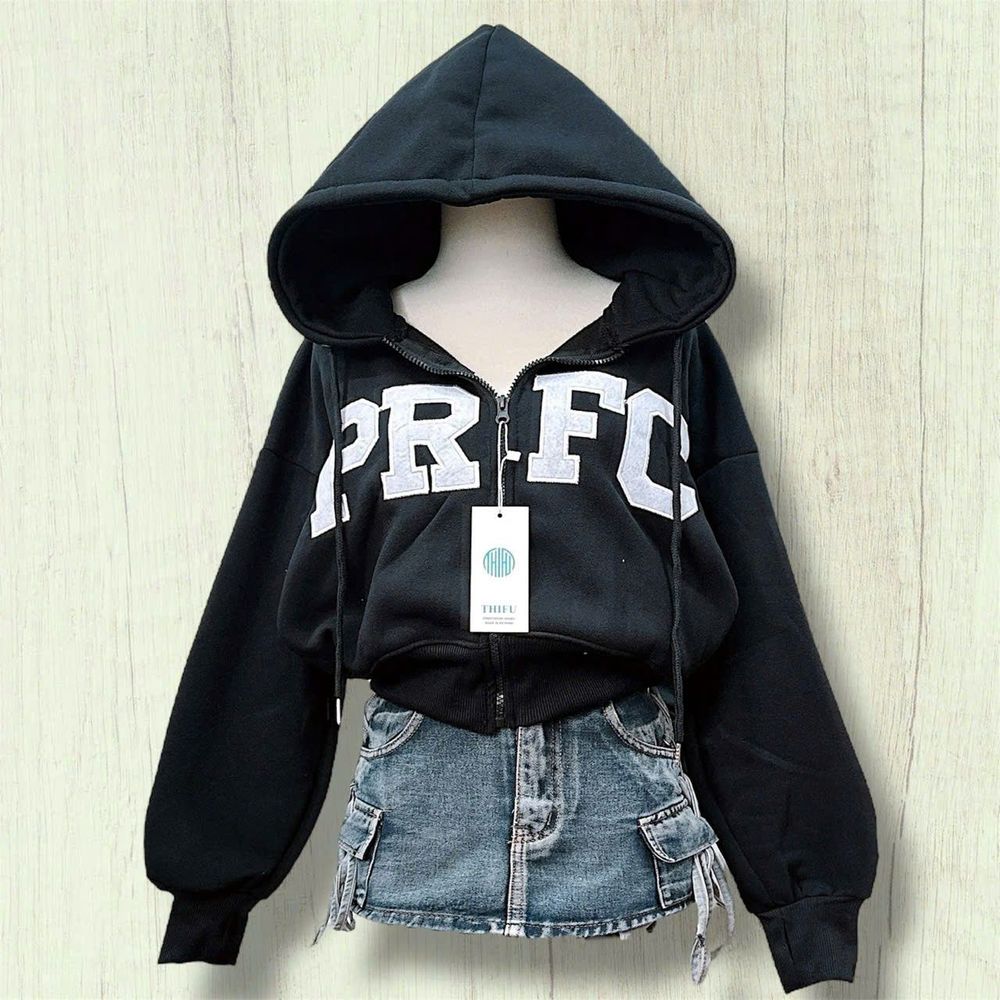 Áo khoác nữ lửng PRFC vải nỉ dày mịn nón rộng