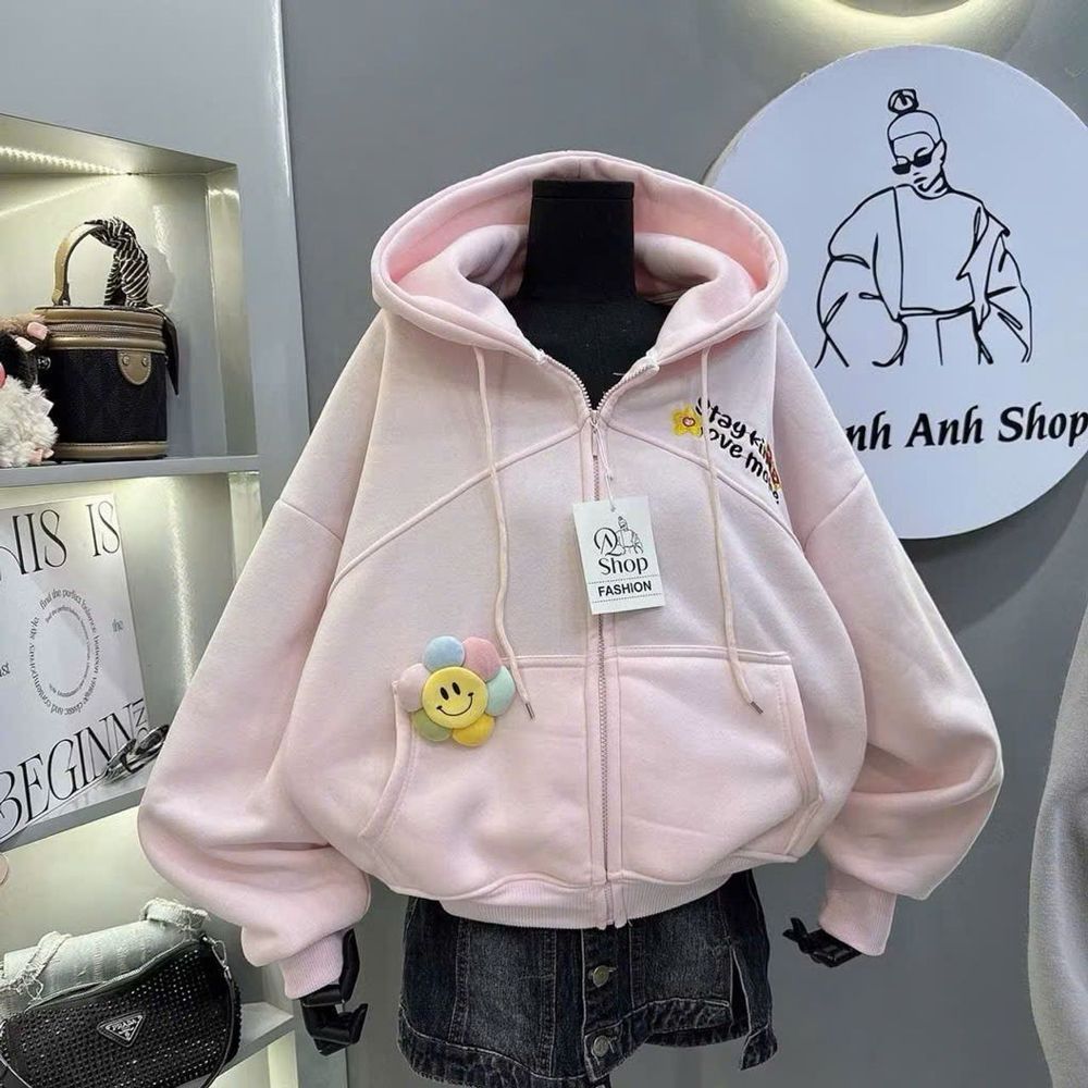 Áo khoác nỉ nữ mũ rộng kèm charm mặt cười độc đáo