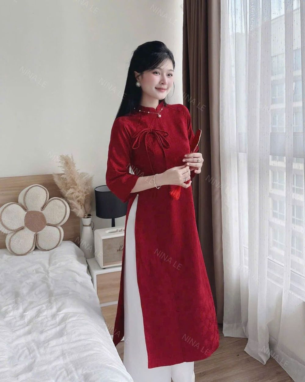 Sét áo dài tết gấm hoa mai