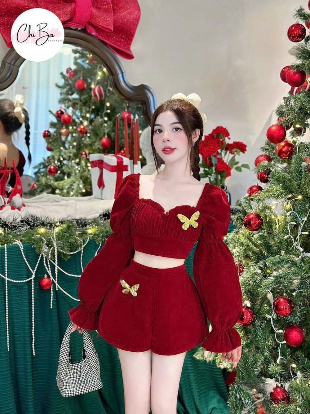 Sét đầm đỏ noel chất nhung kèm phụ kiện
