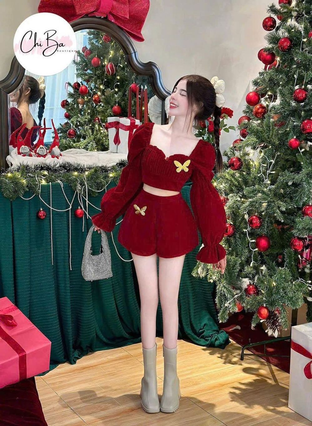 Sét đầm đỏ noel chất nhung kèm phụ kiện