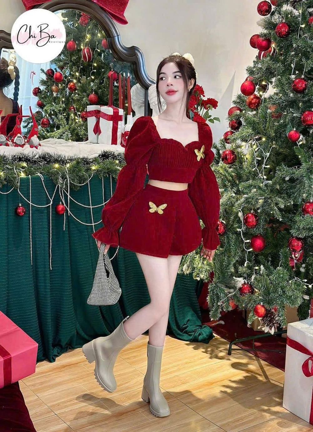 Sét đầm đỏ noel chất nhung kèm phụ kiện