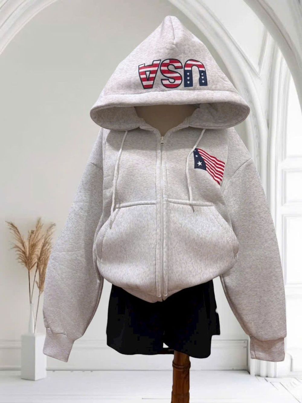 Áo khoác nỉ nữ chữ USA và hình cờ